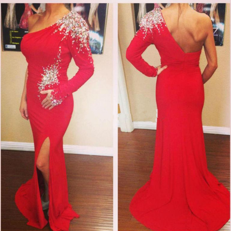 red one shoulder long sleeve dress