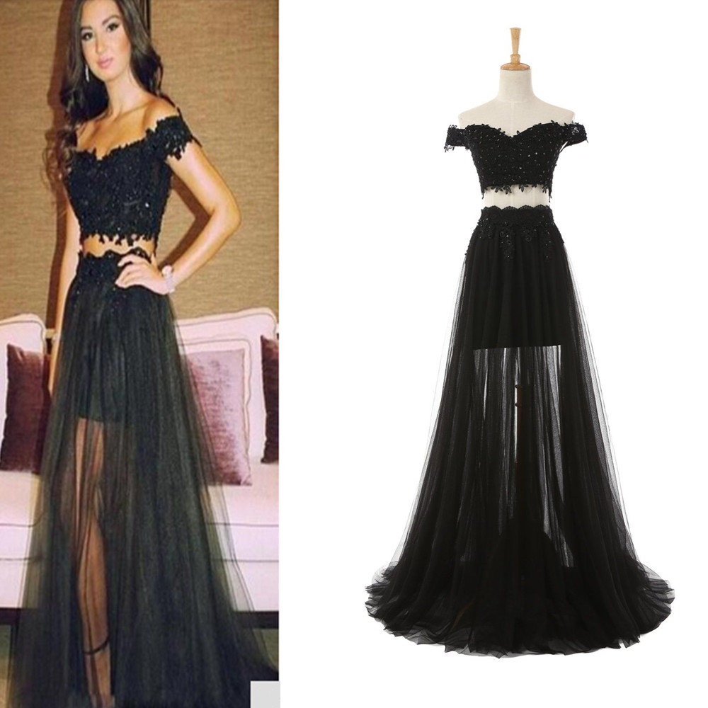 two piece off shoulder prom dress