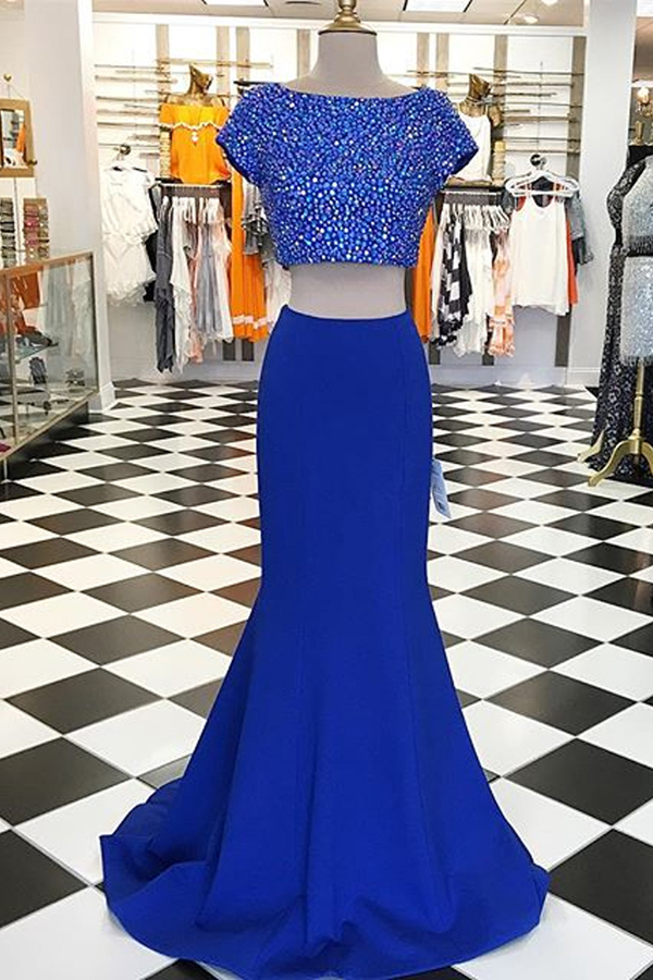 Two Piece Prom Dress Dark Blue Prom Dresses 2 Piece Short Sleeve