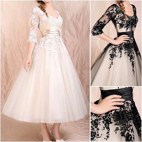 Black and White Tea Length Wedding Dresses