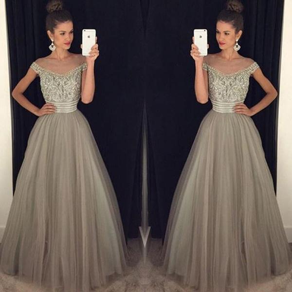 Beadings Crystal Prom Dresses,evening Gowns A-line Glamorous Tulle Long ...