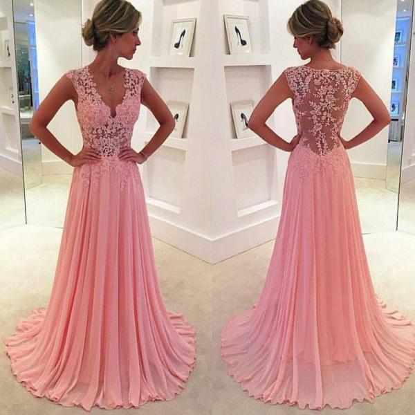 PINK V NECK CHIFFON LONG PROM DRESS PINK LONG EVENING DRESS   cg12231 main image 1
