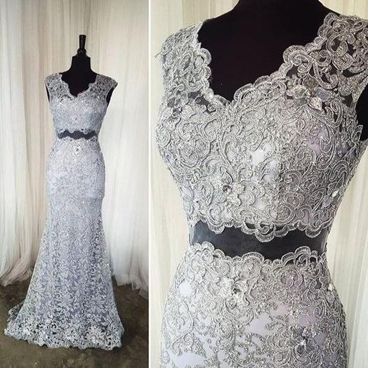 Gray Prom Dress,long Prom Dress,lace Prom Dress,two Pieces Prom Dress ...