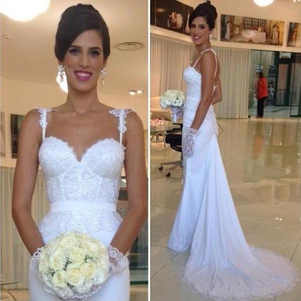 Beach Wedding Dresses Spaghetti Strap Train