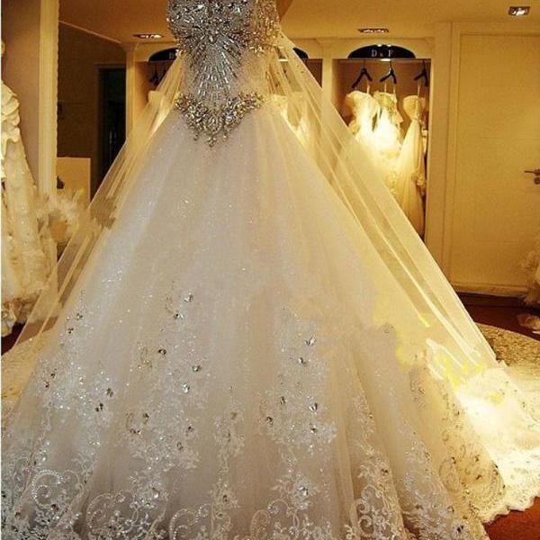 Luxury Beads Wedding Dress Crystals Layer Lace Wedding Dresses V Neck Bridal Gowns Ball Gown 