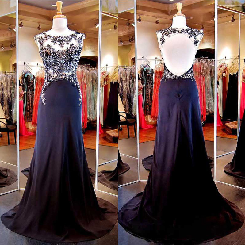 Cap Sleeve Illusion Lace Applique Fitted Prom Dress, Black Silk-like ...