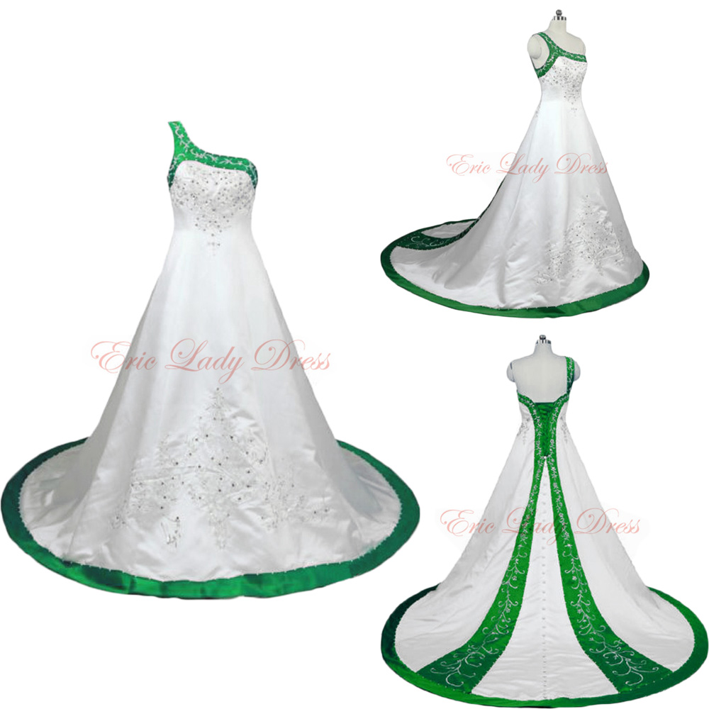 Wedding Dress,White And Green Embroidery Wedding Dresses, One Shoulder ...