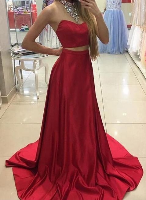 Two Piece Prom Dresses,Red A Line Satin Prom Dresses Long,Prom Dresses ...