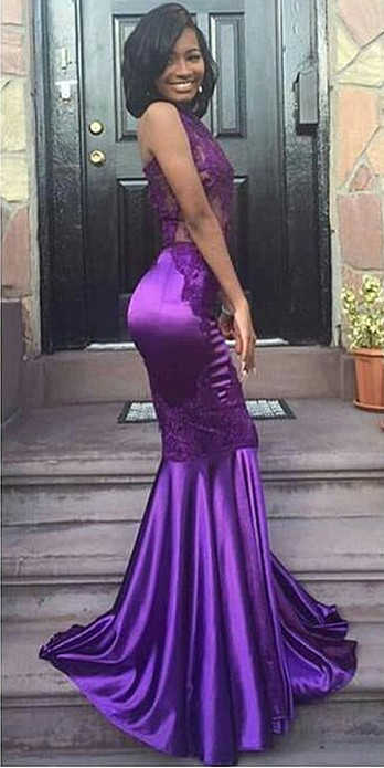 Sexy Halter Mermaid Purple Prom Dress, Evening Gown Appliques Lace Open ...