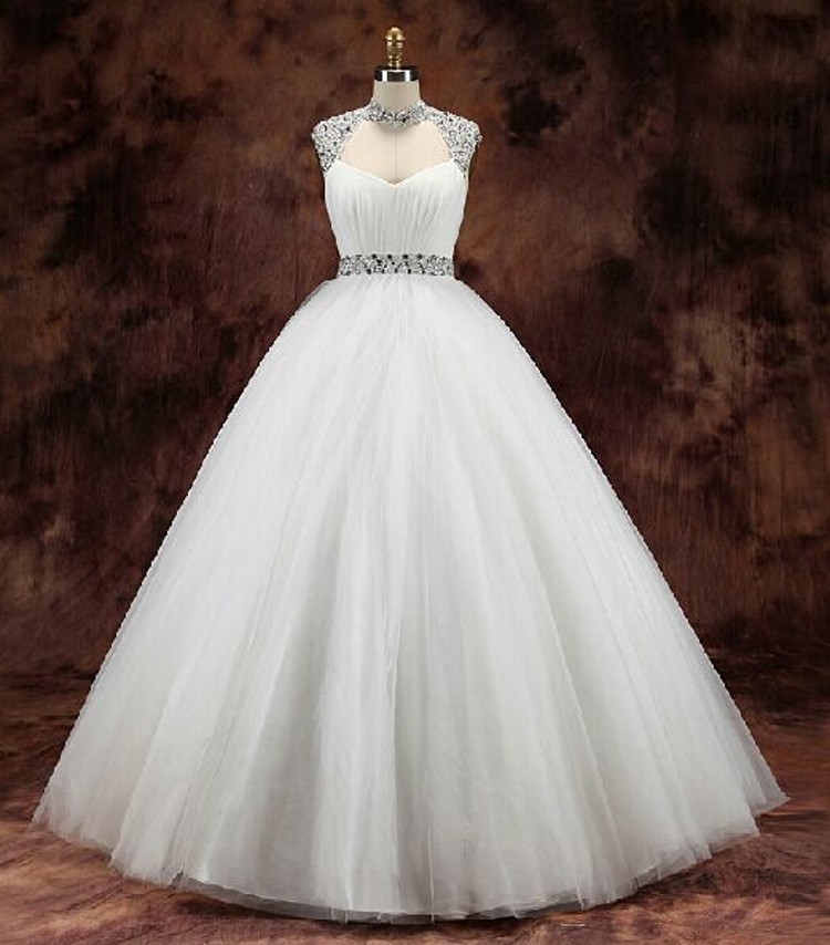 Halter Sleeveless Ruched Jewel Embellished Princess Ball Wedding Gown ...