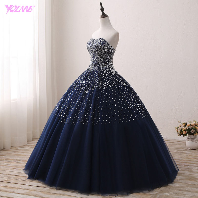 Real Photos Navy Blue Prom Dress,crystals Beaded Prom Dresses, Ball ...