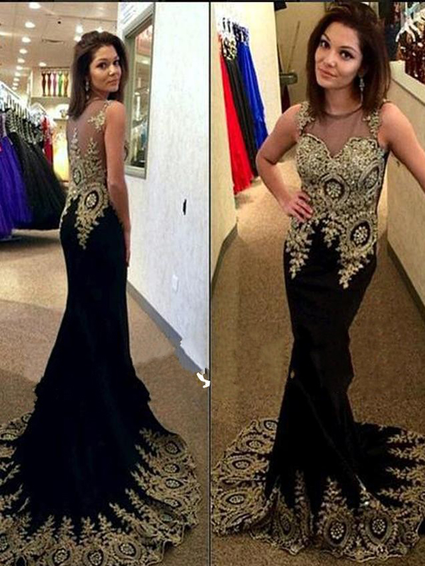 Prom Dress, Long Custom Mermaid Prom Dresses,Black Dress With Gold ...