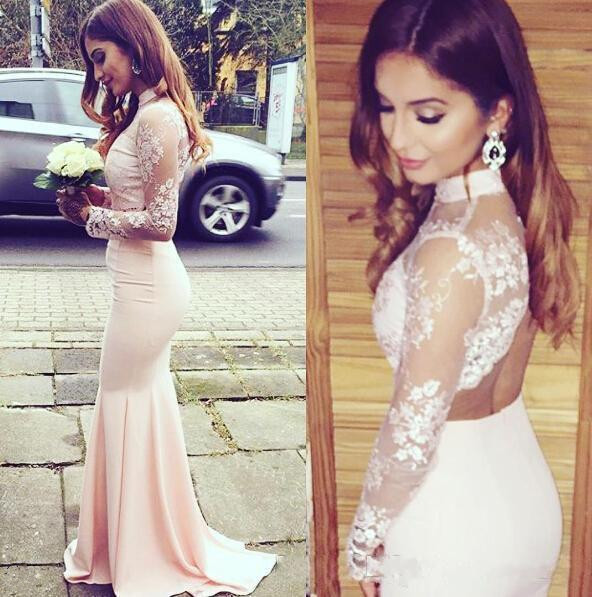 High Neck Lace Pink Prom Dress,Long Prom DressesSexy Evening Gowns