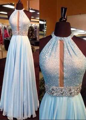 Charming Baby Blue Prom Dress,Sexy Halter Evening Dress,Beading Prom ...
