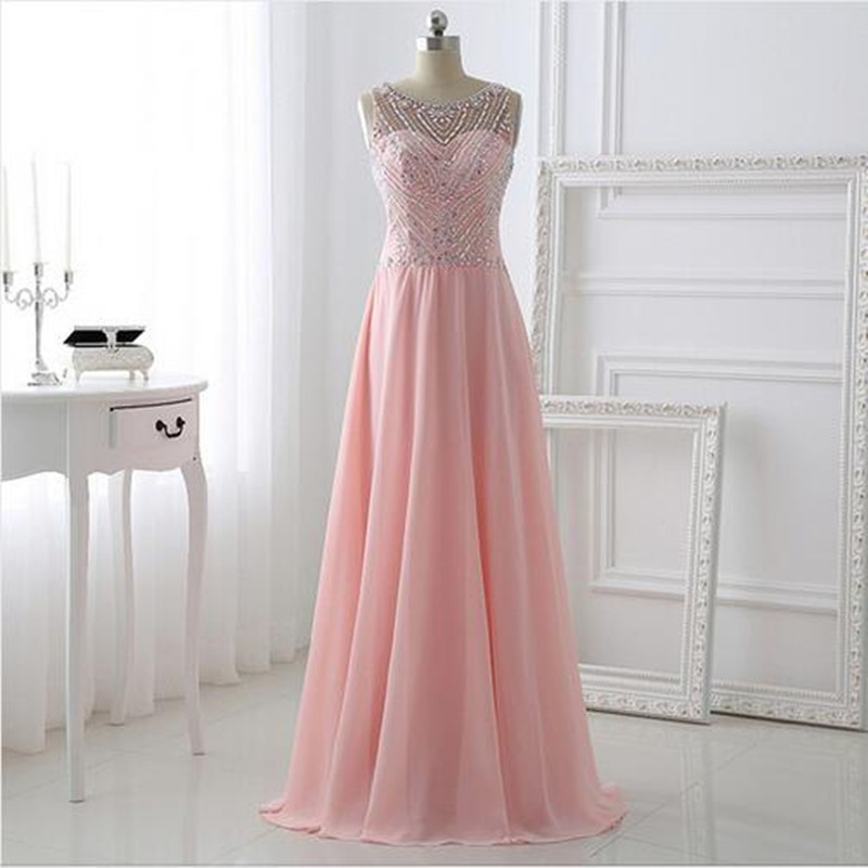 Pink Long Prom Dresssparkle Bling Bling Prom Dresses With Hollow Back A Line Chiffon Beading 
